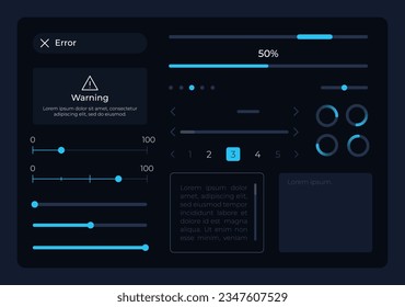 Kit de elementos de la interfaz de usuario de control. Cargando proceso. Componentes vectoriales aislados editables. Navegación. Paquete de widgets de diseño web para aplicación móvil, software con tema oscuro. Montserrat Fuentes ligeras, medianas y negrita utilizadas