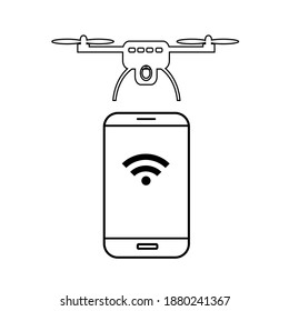 Control of an unmanned aerial vehicle using a smartphone. Concept icon. Vector flat illustration