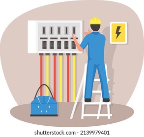 Control UPS Indoor High Voltage Concept, Person is on Ladder vector color icon design, Electrician Profession symbol, Power Supply and wiring Sign, handyman and Repairman tools stock illustration