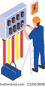 Control UPS Indoor High Voltage isometric Concept, Person is on Ladder vector icon design, Electrical engineer symbol, Wiring specialist Sign, maintenance technician tools stock illustration