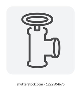 Control valve and pipeline icon. Use in industry plant and factory to flow control of fluid or gas i.e. crude, oil, natural gas, sewage, water, wastewater. Also use in plumbing, supply and irrigation.