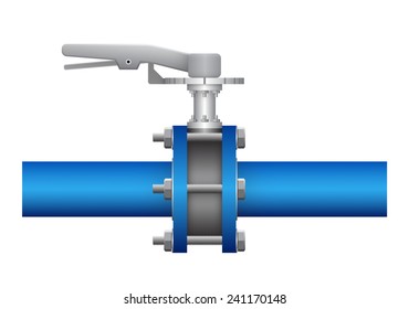 Control valve and pipeline icon. Use in industry plant and factory to flow control of fluid or gas i.e. crude, oil, natural gas, sewage, water, wastewater. Also use in plumbing, supply and irrigation.