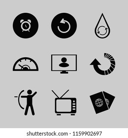control vector icons set. with reload arrow, hydraulic energy, passports and tv in set