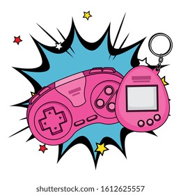 controle com mascote de videogame dos anos noventa em explosão pop art vetor ilustração design