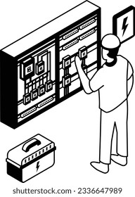Control voltage switchboard isometric Concept, Handyman Distribution board for control electrical voltage in house or office vector icon design, Electrical engineer symbol, Wiring specialist Sign,