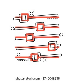 Control volume icon in comic style. Audio adjusting cartoon sign vector illustration on white isolated background. Filter splash effect business concept.