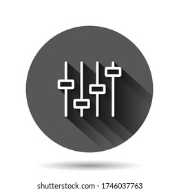 Control volume icon in flat style. Audio adjusting sign vector illustration on black round background with long shadow effect. Filter circle button business concept.