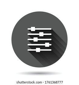 Control volume icon in flat style. Audio adjusting sign vector illustration on black round background with long shadow effect. Filter circle button business concept.