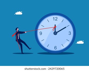 Control working time. Businessman uses rope to pull clock hands 