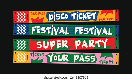 Control Y2K ticket bracelet for festival zones, parties, concerts, staff access and disco events. Vector mockup in futuristic cartoon groovy style with playful details and vibrant layout