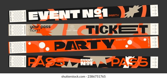 Control y2k ticket bracelets for events, disco, festival, fan zone, party, staff. Vector mockup of a festival bracelet in a futuristic style