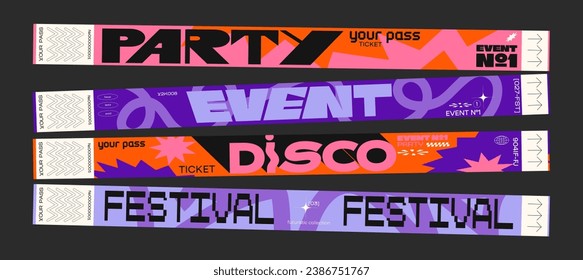 Control y2k ticket bracelets for events, disco, festival, fan zone, party, staff. Vector mockup of a festival bracelet in a futuristic style