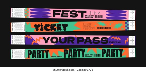 Control y2k ticket bracelets for events, disco, festival, fan zone, party, staff. Vector mockup of a festival bracelet in a futuristic cartoon groovy style