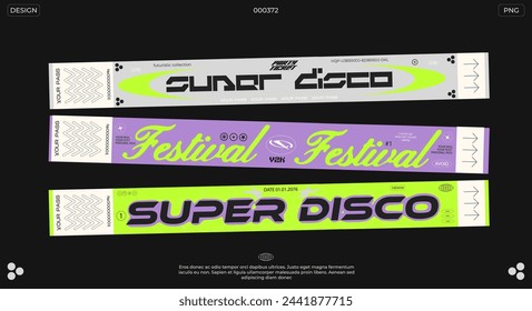 Pulseras de boletos y2k de control para eventos, discoteca, festival, fan zone, fiesta, personal. Vector maqueta de una pulsera de festival en estilo retro futurista	