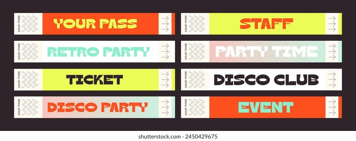 Control y2k ticket bracelets for events, disco, festival, fan zone, party, staff. Vector mockup of a festival bracelet in a futuristic style	
