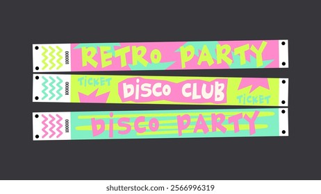 Control y2k ticket bracelets for events, disco, festival, fan zone, party, staff. Vector mockup of a festival bracelet in a futuristic cartoon groovy style