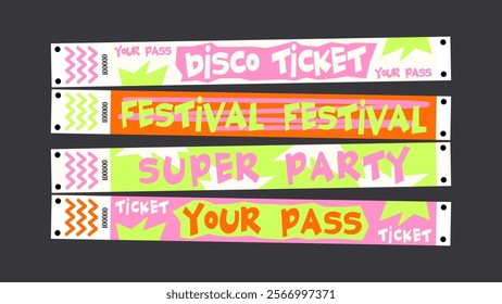 Control y2k ticket bracelets for events, disco, festival, fan zone, party, staff. Vector mockup of a festival bracelet in a futuristic cartoon groovy style