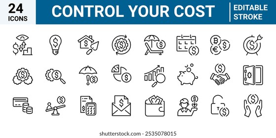 Controla tus íconos de línea de Web de costos. Gestionar las finanzas. Banco y pago, efectivo. Trazo editable.