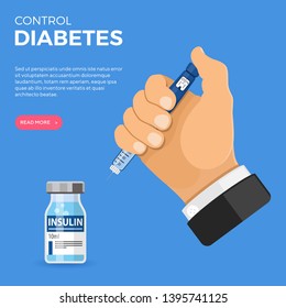 Control your Diabetes concept. Hand hold insulin pen syringe and insulin vial. flat style icon. concept of vaccination, injection. isolated vector illustration