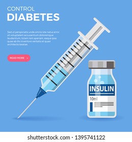 Control your Diabetes concept. Icon plastic medical syringe with needle and insulin vial in flat style, concept of vaccination, injection, isolated vector illustration