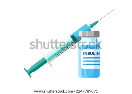 Control your Diabetes concept. Icon plastic medical syringe with needle and insulin vial in flat style, concept of vaccination, injection, isolated vector illustration