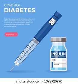 Control your Diabetes concept. Insulin pen syringe and insulin vial. flat style icon. concept of vaccination, injection. isolated vector illustration