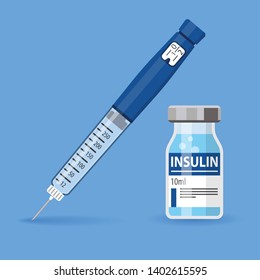 Control your Diabetes concept. Insulin pen syringe and insulin vial. flat style icon. concept of vaccination, injection. isolated vector illustration