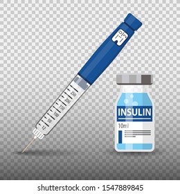 Control your Diabetes concept. Insulin pen syringe and insulin vial. flat style icon. concept of vaccination, injection. isolated vector illustration on transparent background