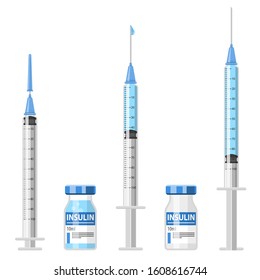 Control your Diabetes concept. Insulin syringe and insulin vial. syringe with vaccine and empty. flat style icon. concept of vaccination, injection, diabetes. isolated vector illustration