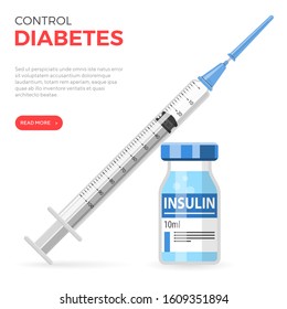 Control your Diabetes concept. Insulin syringe and insulin vial. flat style icon. concept of vaccination, injection. isolated vector illustration