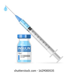 Control your Diabetes concept. Insulin syringe and insulin vial. flat style icon. concept of vaccination, injection. isolated vector illustration