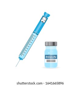 Control your Diabetes concept. Insulin pen syringe and insulin vial. flat style icon. concept of vaccination, injection. isolated vector illustration