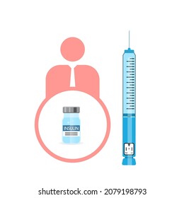 Control your Diabetes concept. Insulin pen syringe and insulin vial. flat style icon.