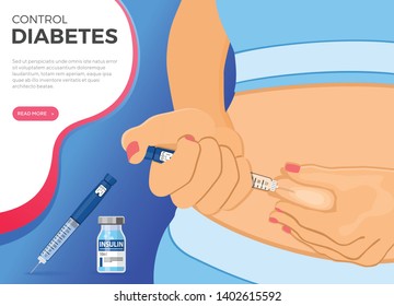 Control your Diabetes concept. Woman holds insulin pen syringe in hand and makes injection. flat style icon. concept of vaccination. isolated vector illustration