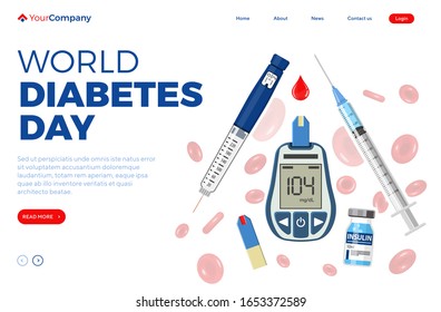 Control your Diabetes concept. World diabetes day. Blood glucose meter, insulin pen syringe, red blood cells and vial. landing page template. isolated vector illustration