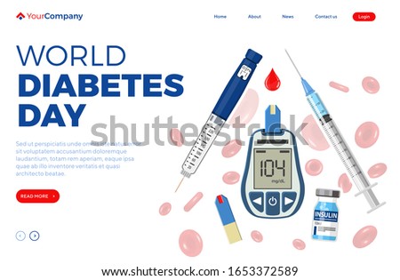 Control your Diabetes concept. World diabetes day. Blood glucose meter, insulin pen syringe, red blood cells and vial. landing page template. isolated vector illustration