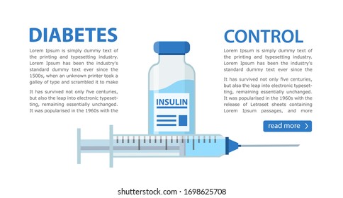 Control your Diabetes flyer concept. Insulin Bottle and Syringe for Injection. vector Illustration isolated on white Background.