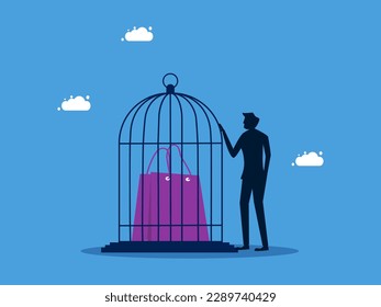 Control your shopping or purchases. man locks shopping bags in birdcage