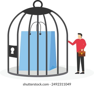 Controle sus compras o compras. hombre bloquea bolsas de compras en jaula de pájaros

