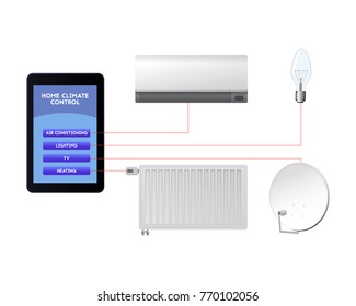 Control your smart home. Mobile technological innovations vector illustration. Air conditioning, lighting, television, heating.