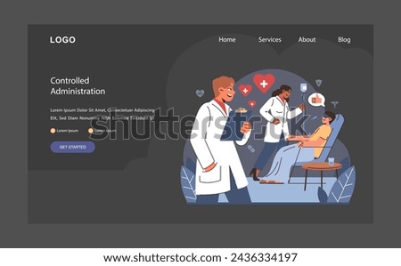 Controlled Administration of Ketamine Therapy. Medical professionals ensure precise dosage and patient comfort during ketamine infusion, embodying meticulous care. Flat vector illustration.
