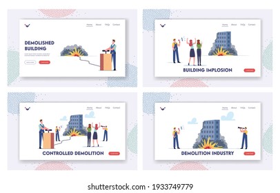 Conjunto de plantillas de la página de inicio de demolición de edificio controlada. Los personajes de los constructores destruyen la vieja casa con la explosión de TNT. La gente observa las ruinas que destruyen y caen. Ilustración del vector de dibujos animados
