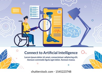 Controlled by AI Robotic Prosthesis for Disabled People Trendy Flat Vector Advertising Banner, Promo Poster. Disabled Man in Wheelchair Adjusting His Leg Prosthesis with Cellphone App Illustration