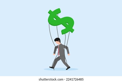 controlled by money. concept of captalism. a businessman which is made doll by the dollar sign. a slave of money. materialistic worldly life