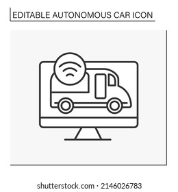 Controlled car line icon. Wireless tracking car by computer. Control, examination, navigation.Autonomous car concept. Isolated vector illustration. Editable stroke