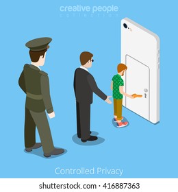 Controlled Privacy Device Access Concept. Flat 3d Isometry Isometric Style Web Site Vector Illustration. Military Man Security Officer Staying Behind User Smartphone Door. Creative People Collection.