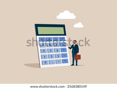 Controlled thoughts in business. Businessman keeps a calculator. Loan calculation, budget allocation, expense and debt pay off or payment. Flat vector illustration