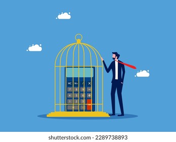 Controlled thoughts and lack of freedom in business. Businessman keeps a calculator in a cage