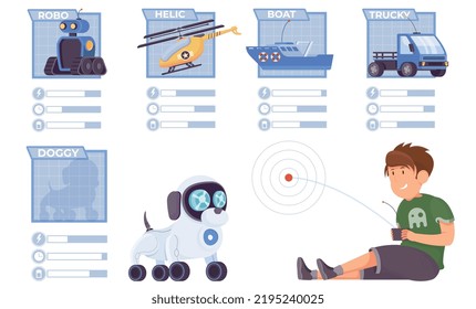 Juguetes controlados conjunto plano de elementos infográficos aislados y niños controlando la ilustración del vector de perro robótico