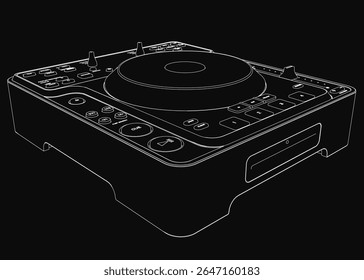 Controlador em ilustração em preto e branco, com um acabamento em preto brilhante e tela LCD grande. Inclui botões, botões para controle de velocidade e volume e uma porta USB